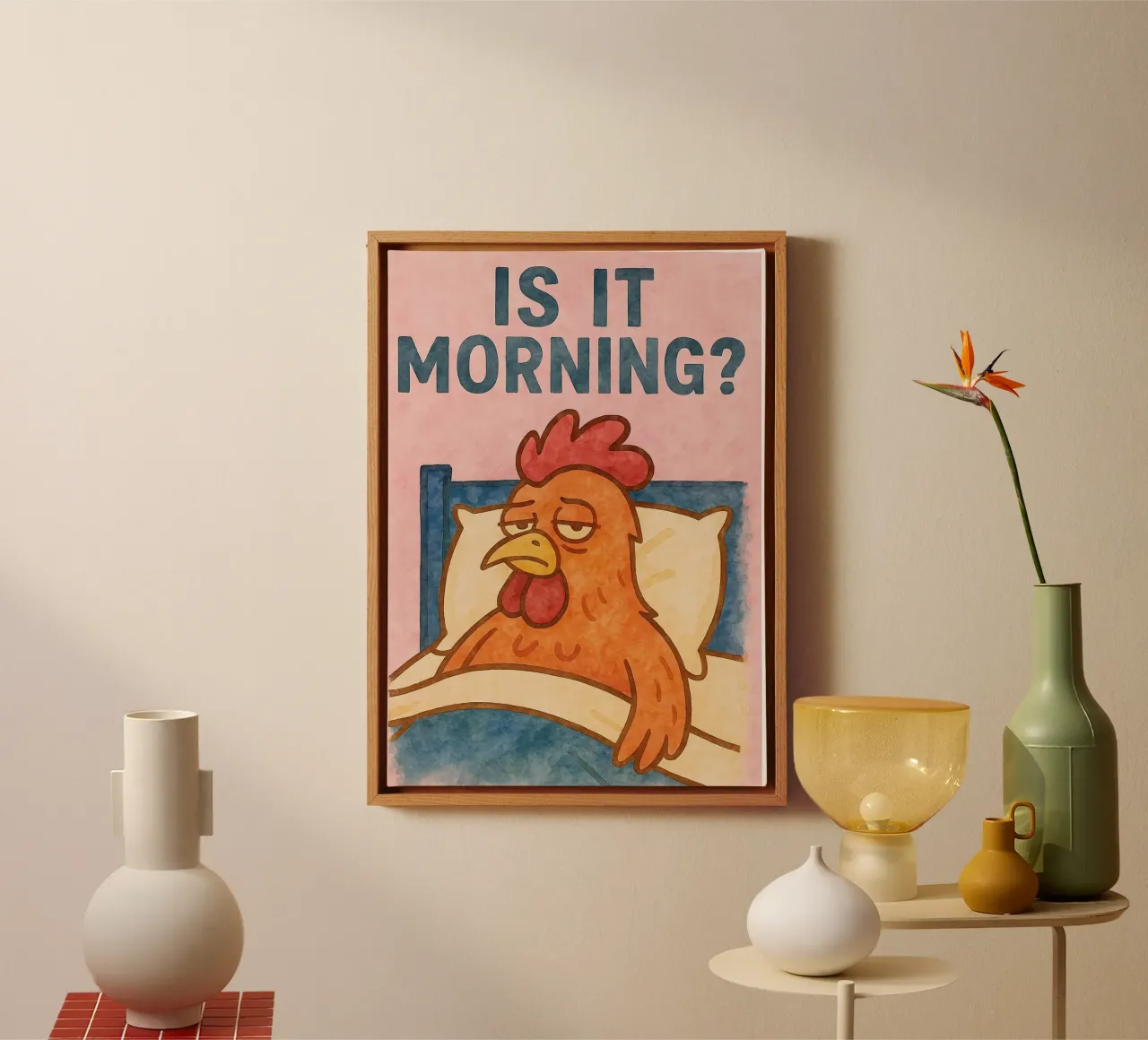 ist es Morgen Hahn Kunst Gemälde Leinwand mit Schattenfugenrahmen von Mutiaram