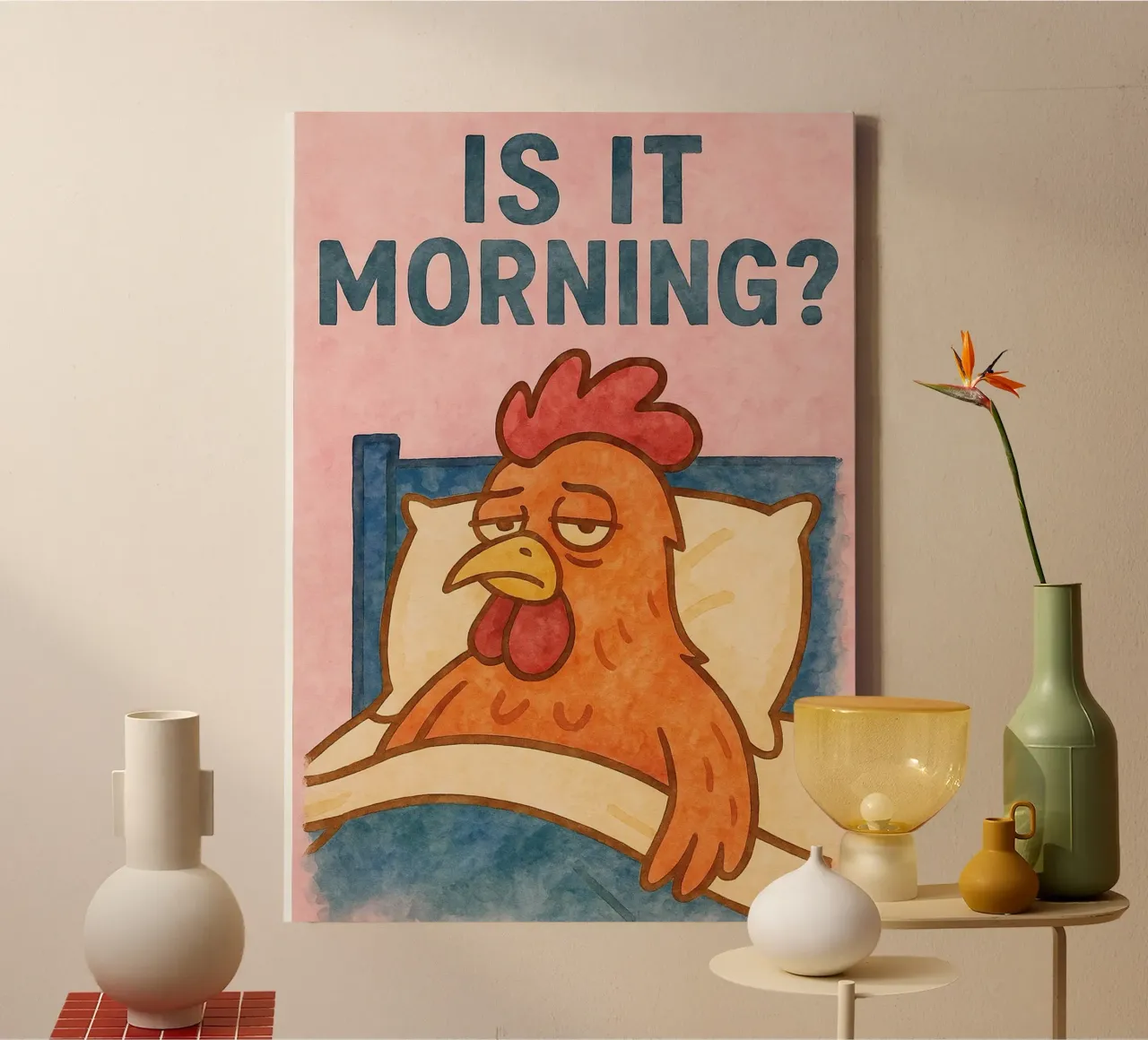 ist es Morgen Hahn Kunst Gemälde Leinwand mit Schattenfugenrahmen von Mutiaram