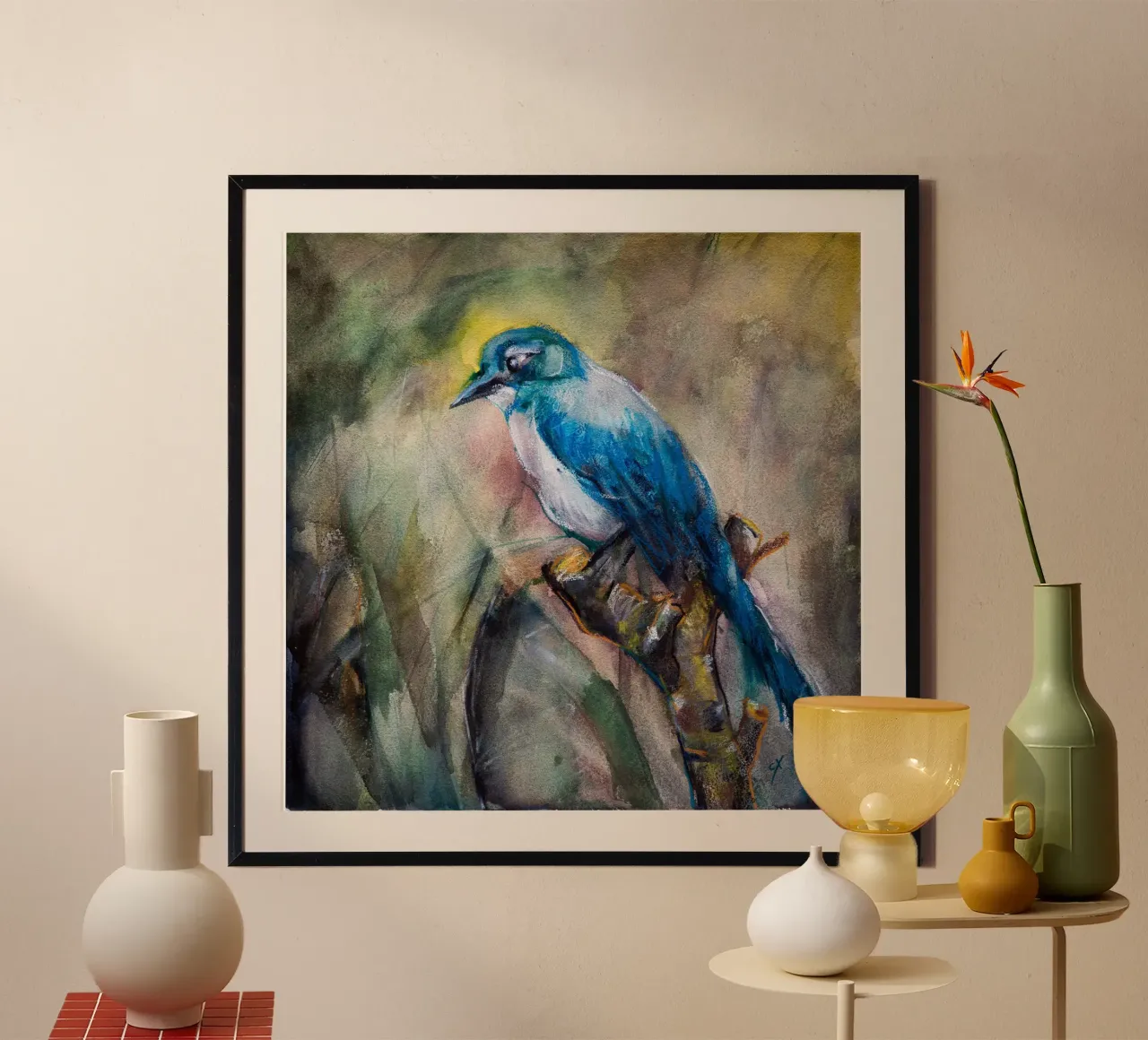 Blue Jay in the Morning Haze Poster mit Aluminium Rahmen von Stoian Hitrov