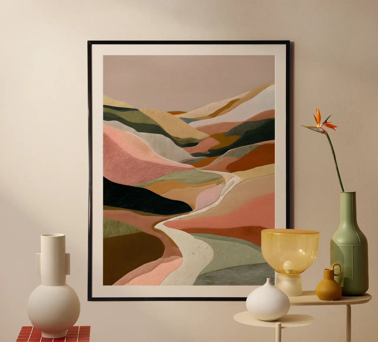 Serene Mountains poster with plastic frame by Gypsy Galleria
