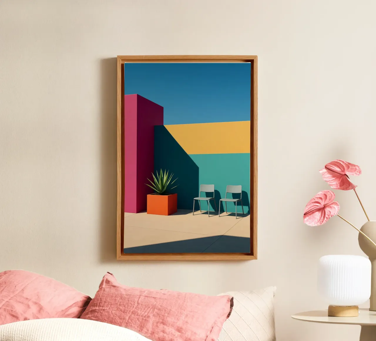Color Contrast - The vibrant glow of pop architecture canvas with Floater frame by Affiches Minimalistes