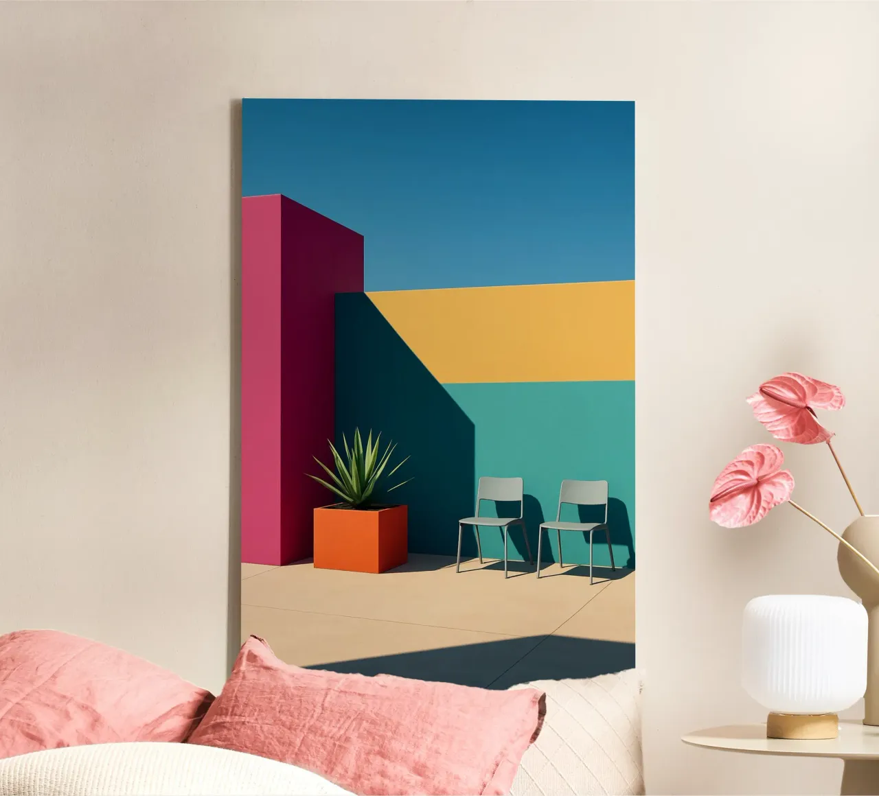 Color Contrast - The vibrant glow of pop architecture canvas with Floater frame by Affiches Minimalistes