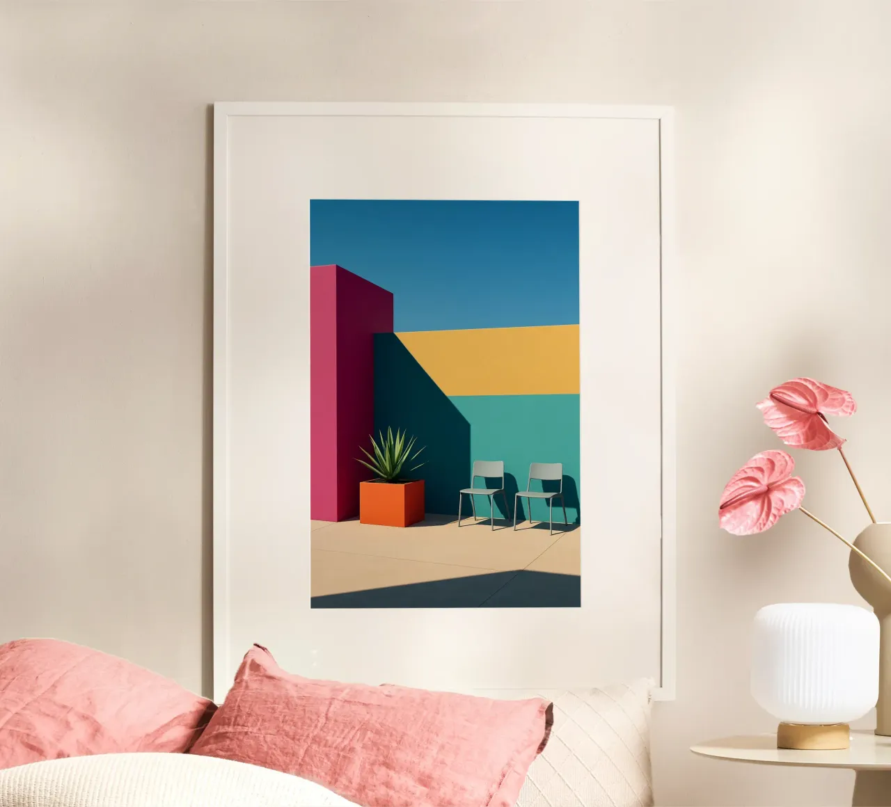 Contrasto cromatico - Il bagliore vibrante dell'architettura pop poster con telaio in alluminio da Affiches Minimalistes