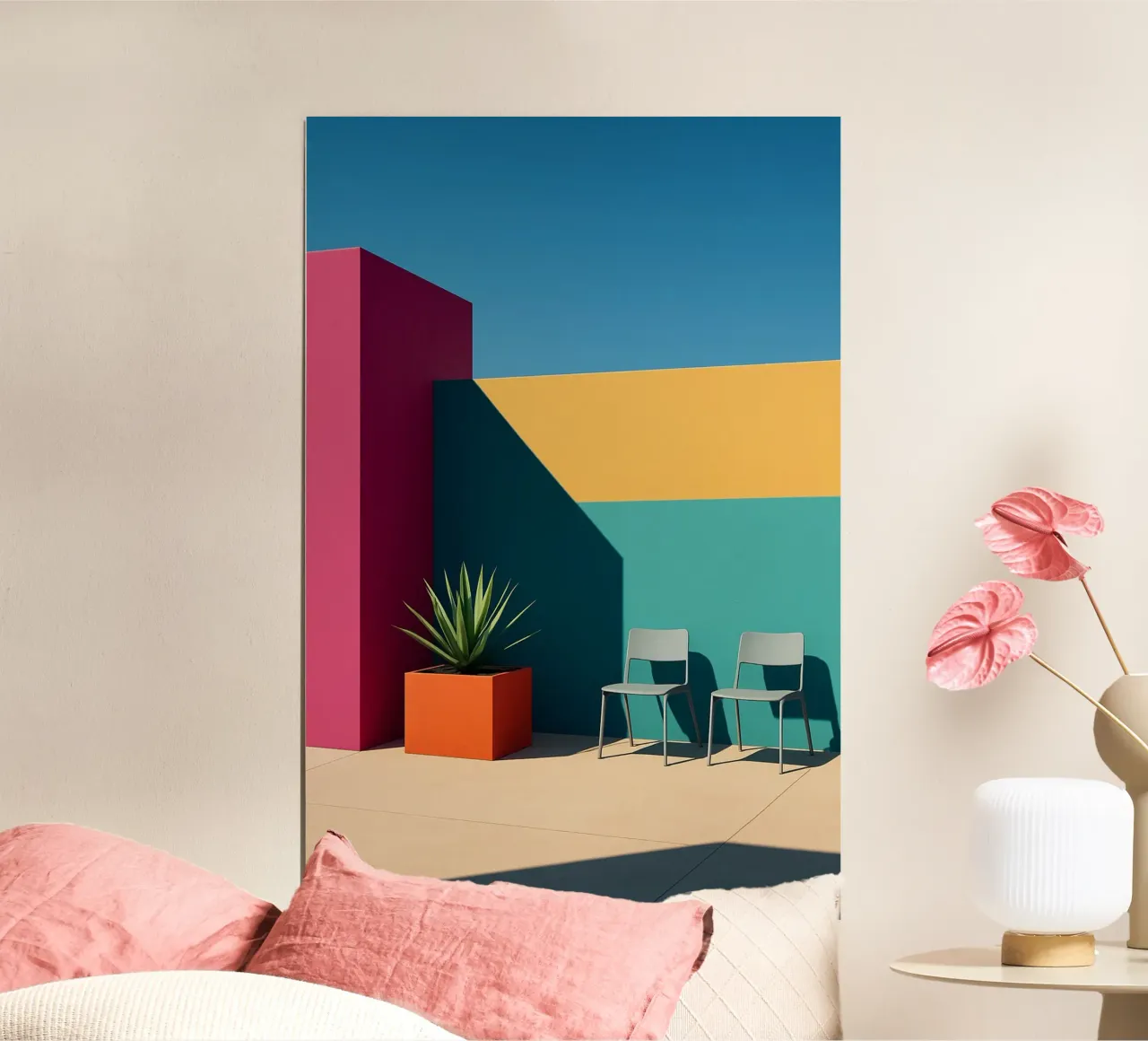 Contrasto cromatico - Il bagliore vibrante dell'architettura pop poster con telaio in alluminio da Affiches Minimalistes