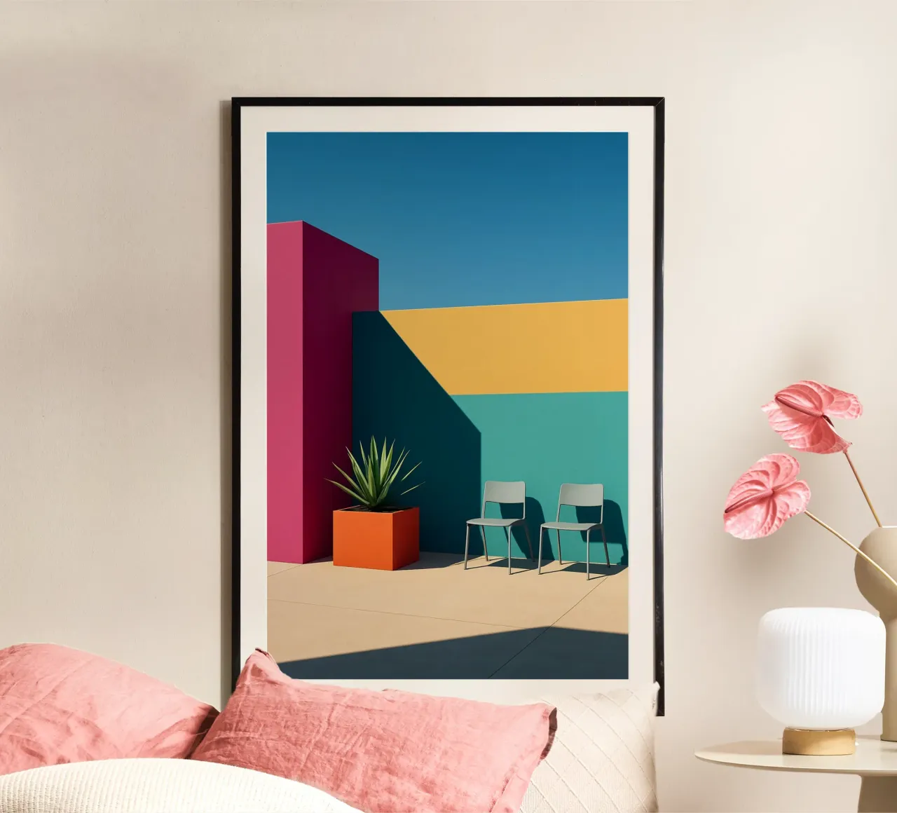 Contrasto cromatico - Il bagliore vibrante dell'architettura pop poster con telaio in alluminio da Affiches Minimalistes