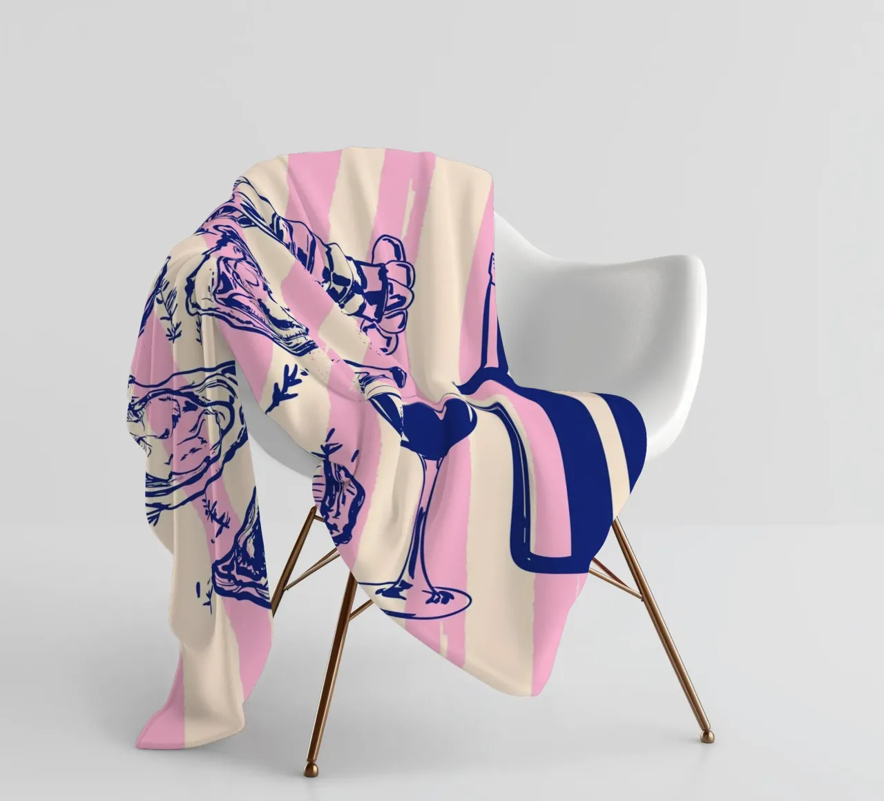 Seafood & Wine – Retro Pink Stripes Illustration fleece blanket by EDMPROJECT