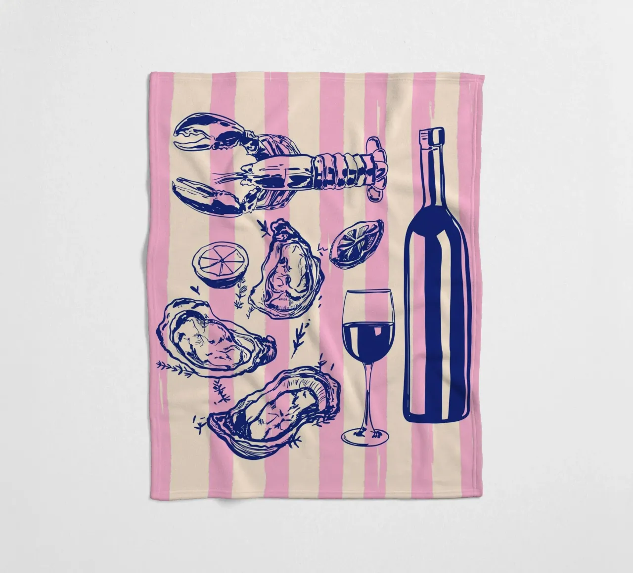 Seafood & Wine – Retro Pink Stripes Illustration fleece blanket by EDMPROJECT