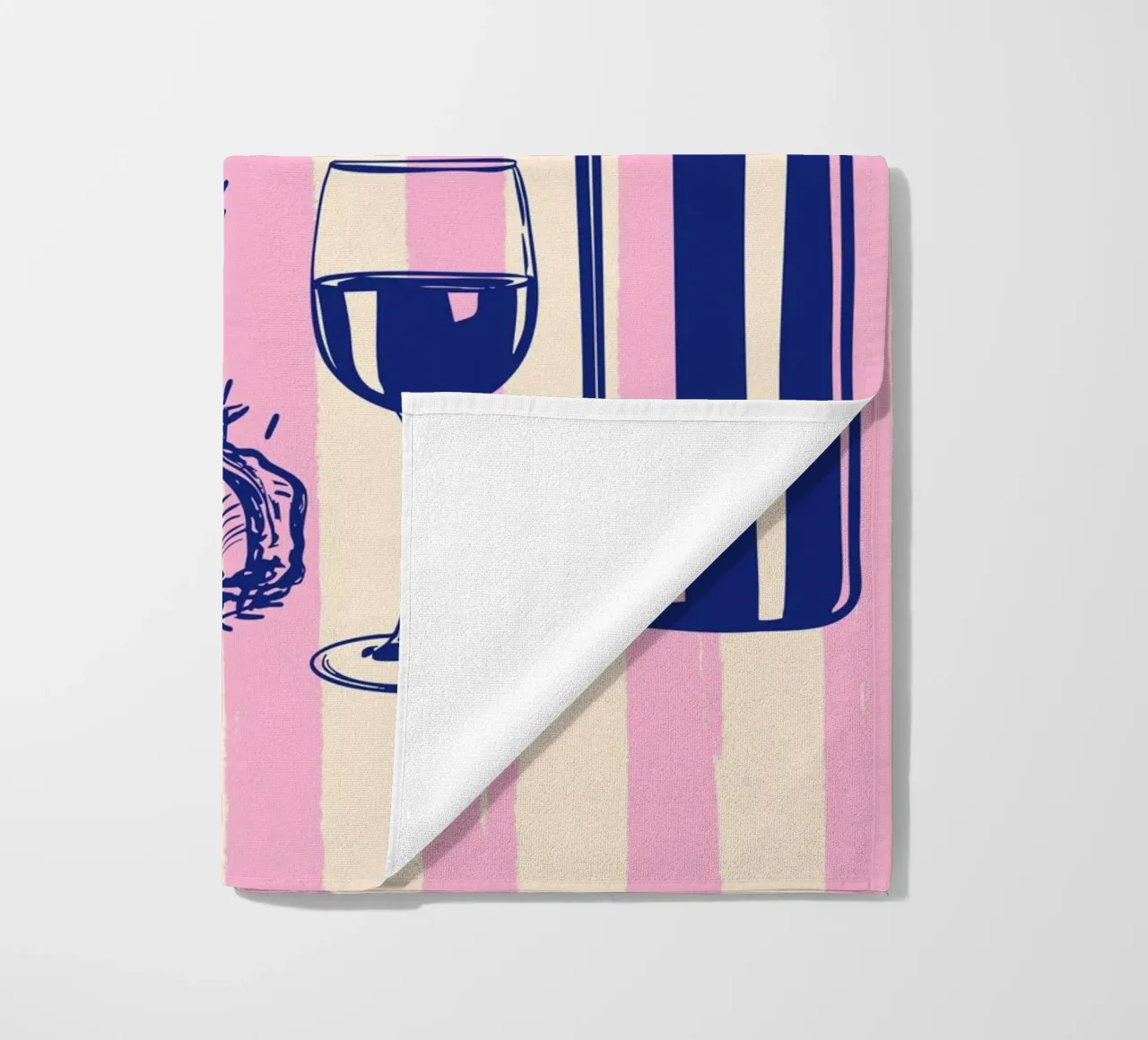 Seafood & Wine – Retro Pink Stripes Illustration beach towel by EDMPROJECT