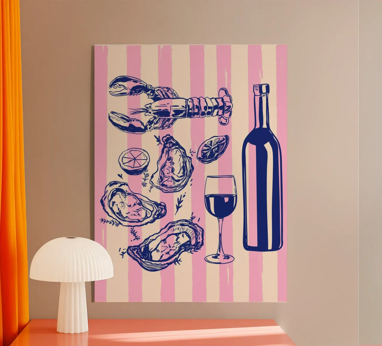 Seafood & Wine – Retro Pink Stripes Illustration acrylic glass by EDMPROJECT