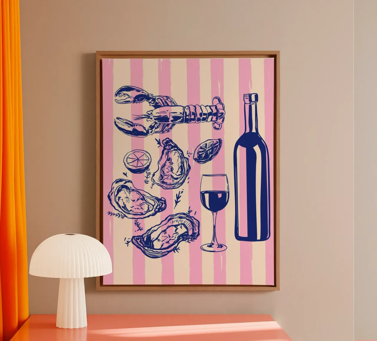 Meeresfrüchte & Wein - Retro Rosa Streifen Illustration Leinwand mit Schattenfugenrahmen von EDMPROJECT