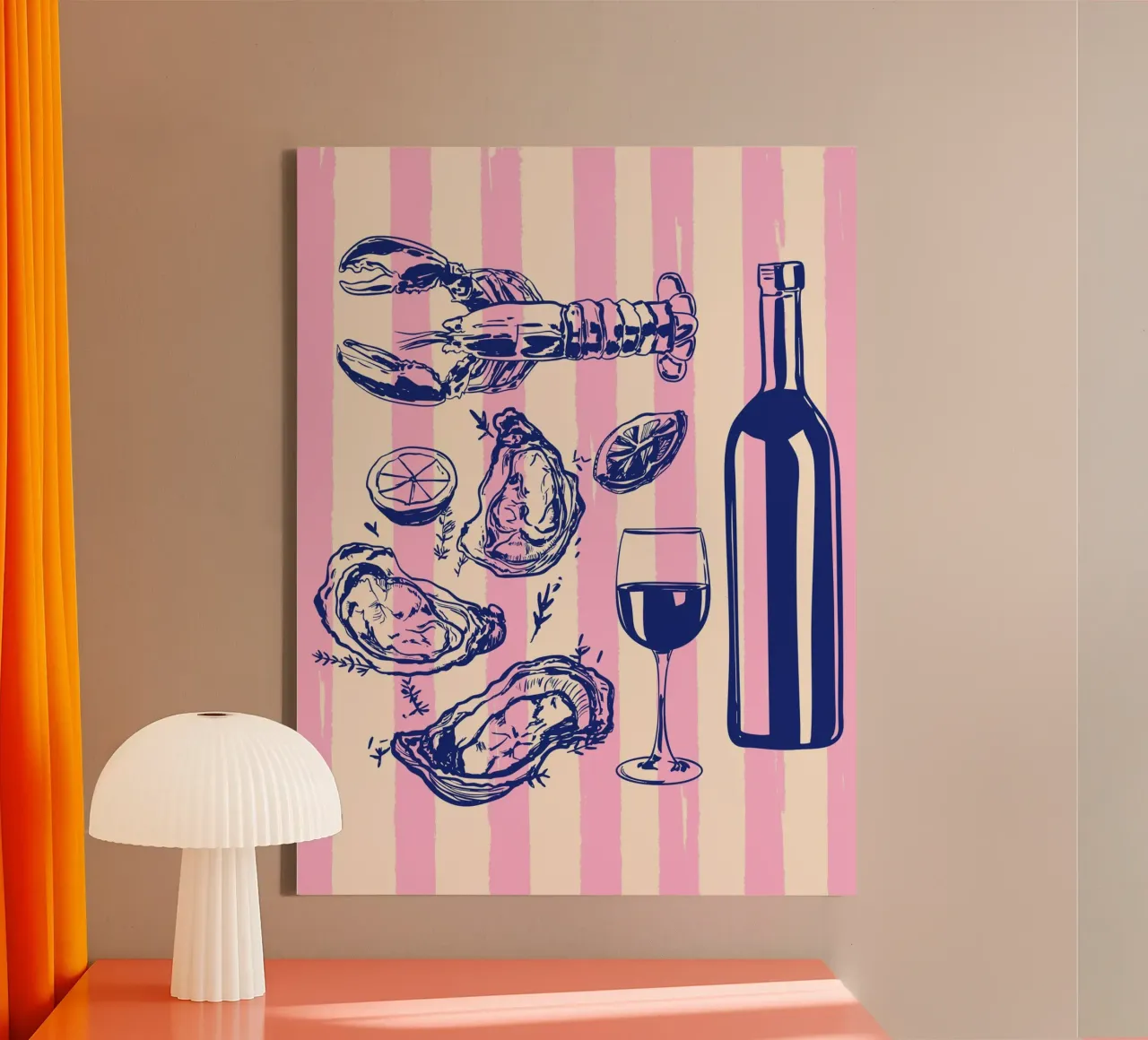 Meeresfrüchte & Wein - Retro Rosa Streifen Illustration Leinwand mit Schattenfugenrahmen von EDMPROJECT