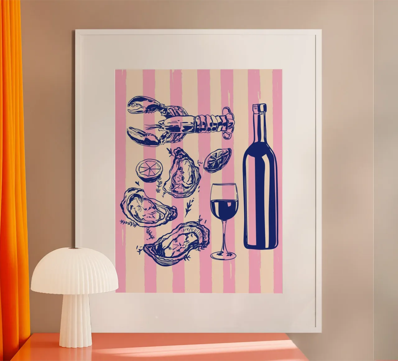 Meeresfrüchte & Wein - Retro Rosa Streifen Illustration Poster mit Kunststoffrahmen von EDMPROJECT