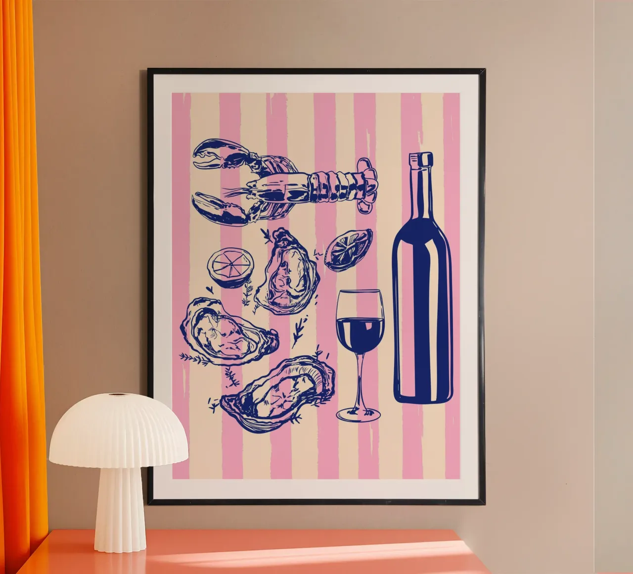 Meeresfrüchte & Wein - Retro Rosa Streifen Illustration Poster mit Kunststoffrahmen von EDMPROJECT