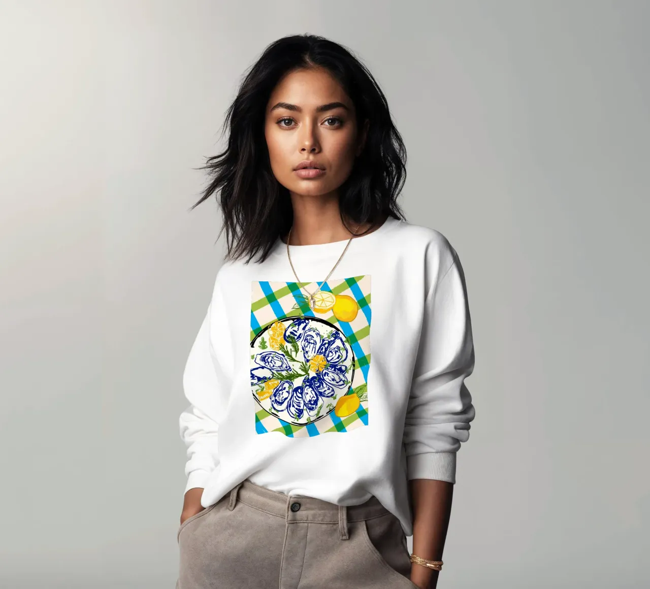 Austern auf Teller mit Zitrone - Küstenkariert Sweatshirt von EDMPROJECT