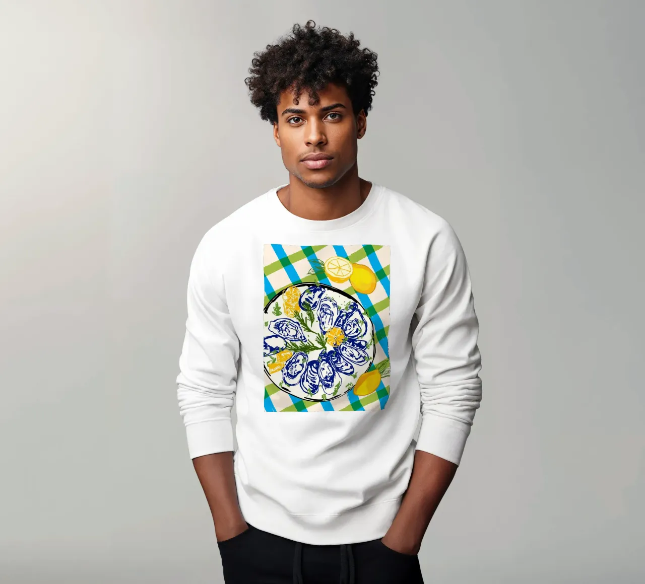 Austern auf Teller mit Zitrone - Küstenkariert Sweatshirt von EDMPROJECT