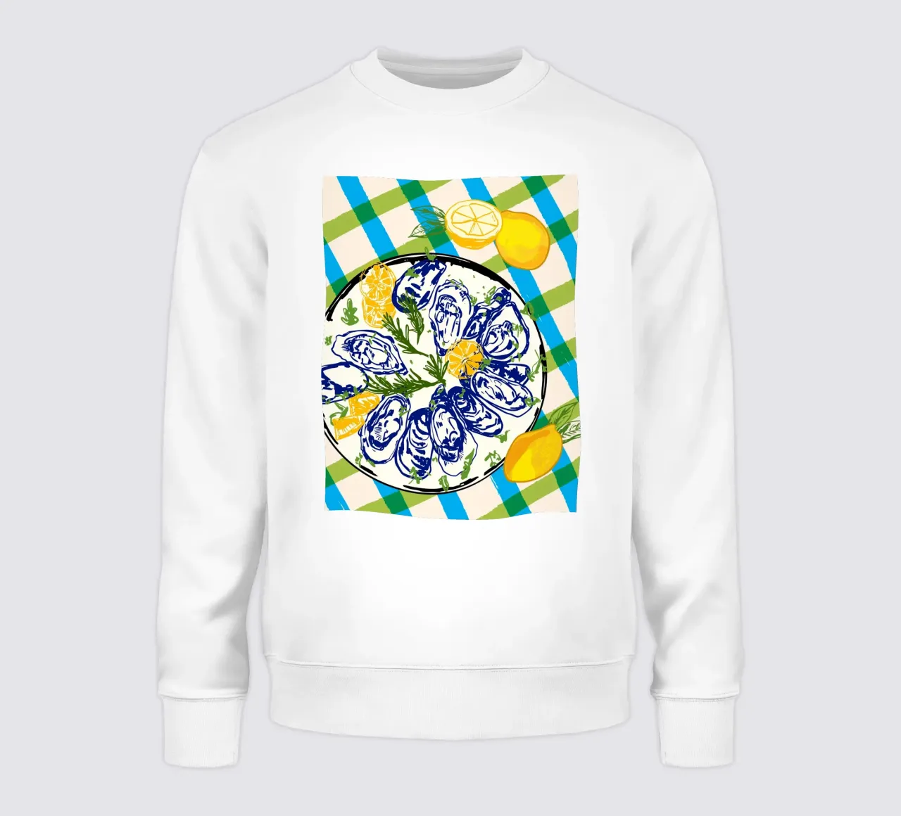 Austern auf Teller mit Zitrone - Küstenkariert Sweatshirt von EDMPROJECT