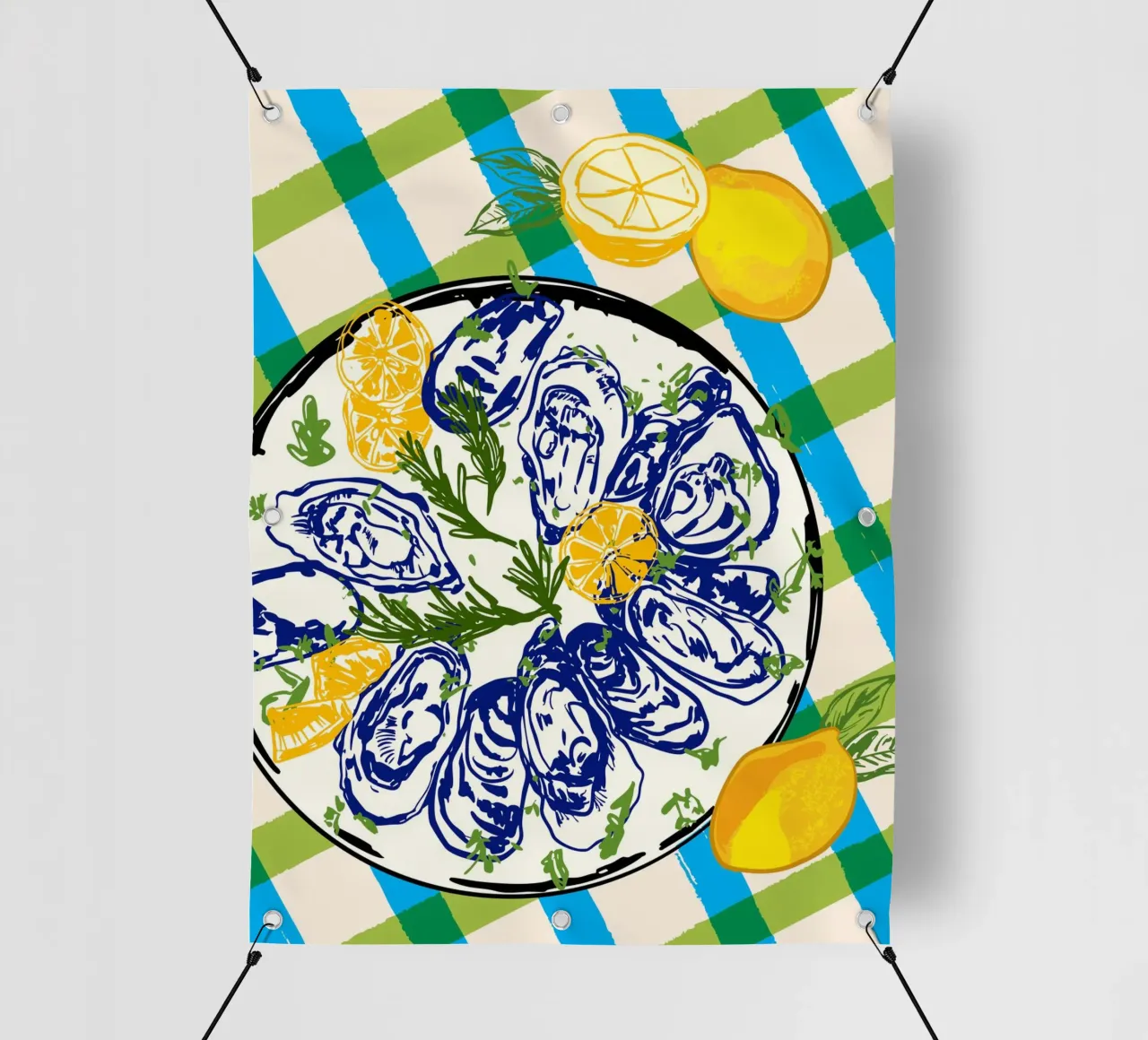 Ostriche su piatto con limone - Costa a scacchiera telo in pvc da EDMPROJECT