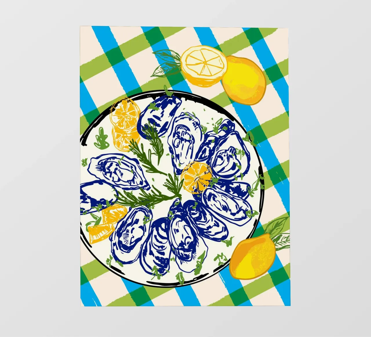 Ostriche su piatto con limone - Costa a scacchiera telo in pvc da EDMPROJECT