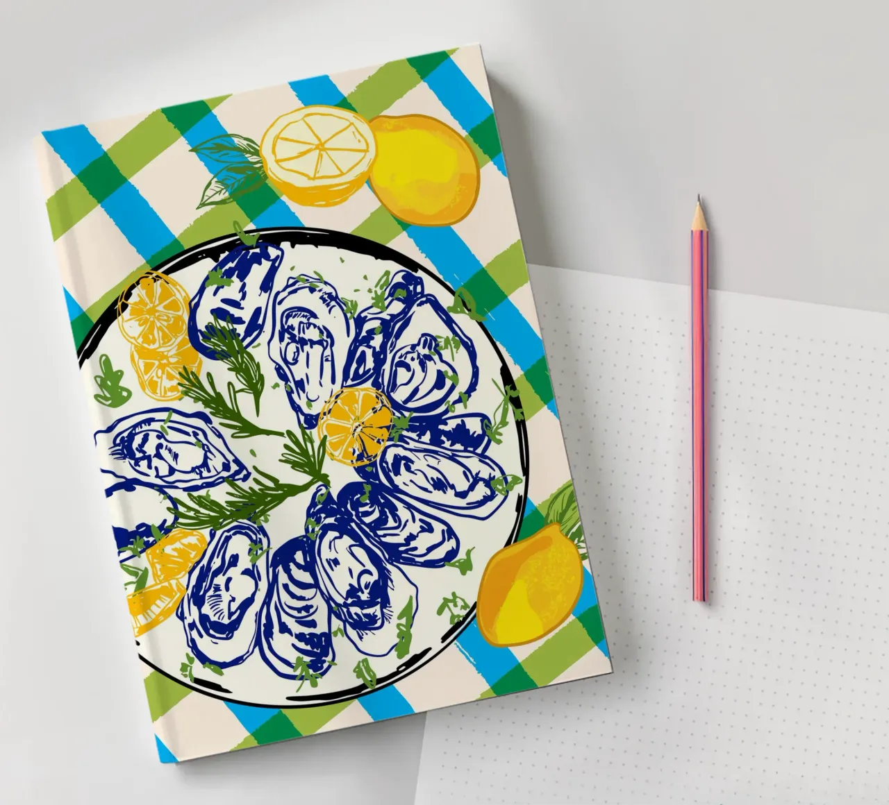 Oysters on Plate with Lemon – Coastal Checkered notebook by EDMPROJECT