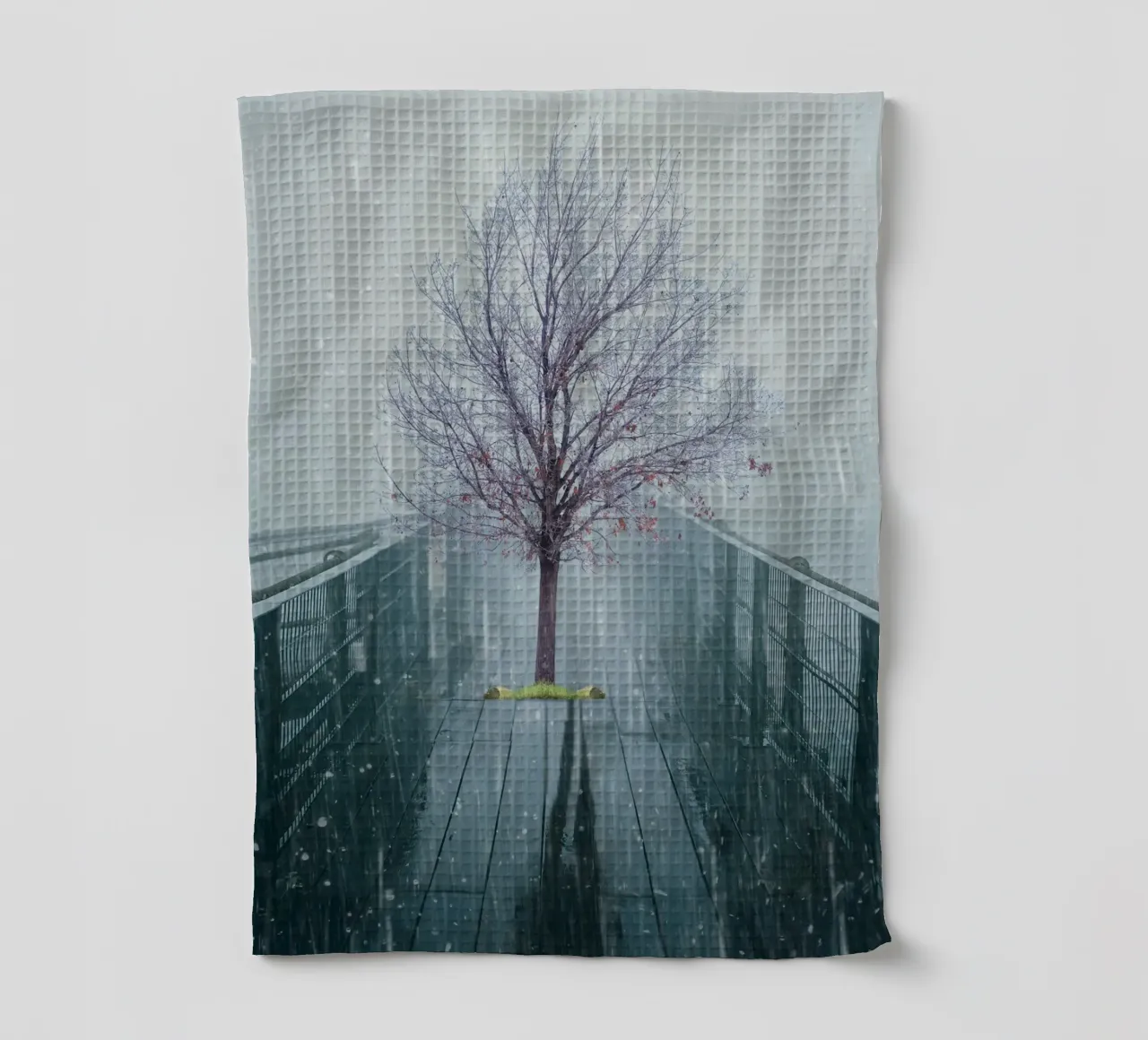 Albero su ponte con neve invernale canovaccio da cucina da Berwies Artwork