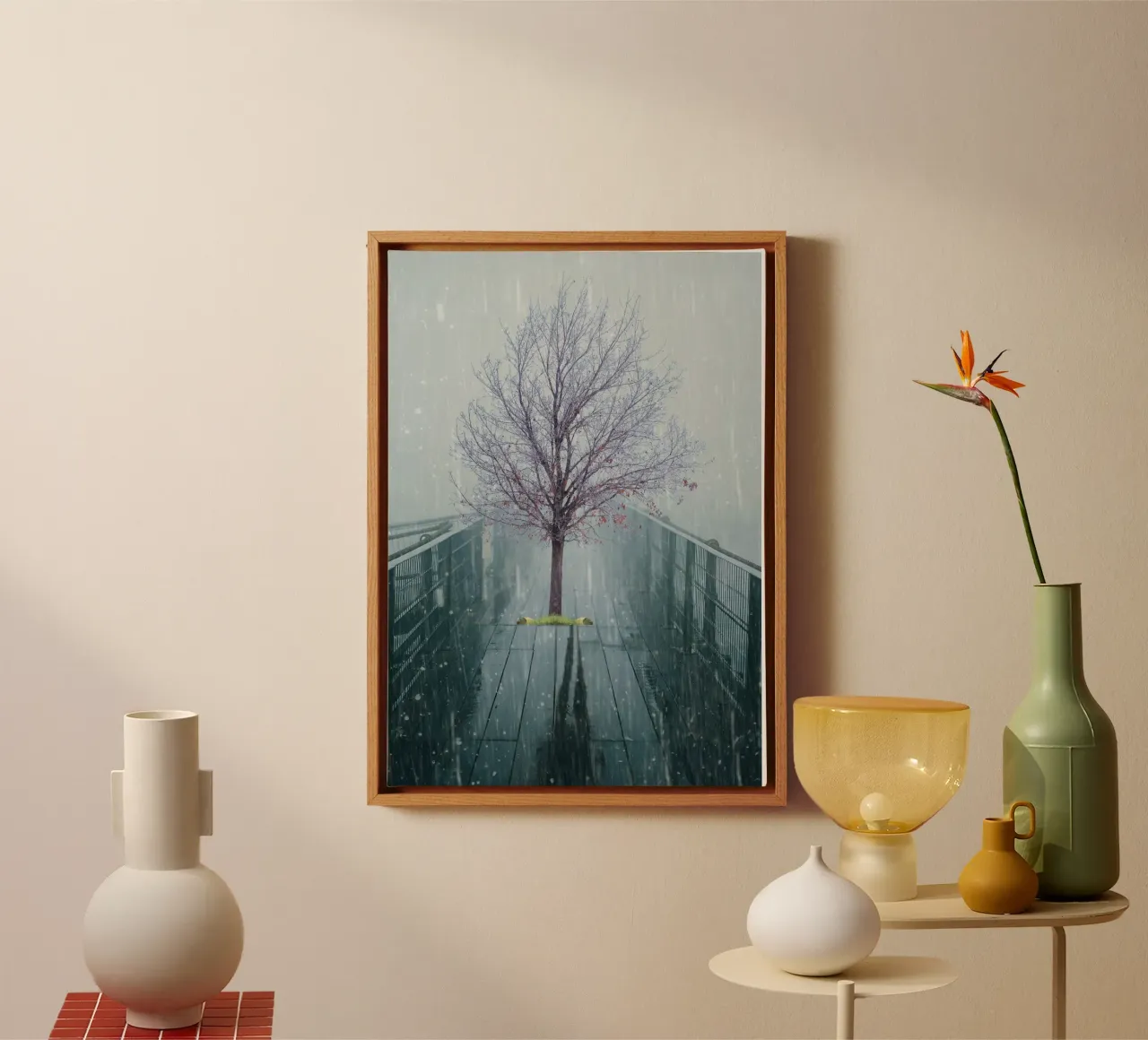 Albero su ponte con neve invernale tela con Cornice a cassetta da Berwies Artwork