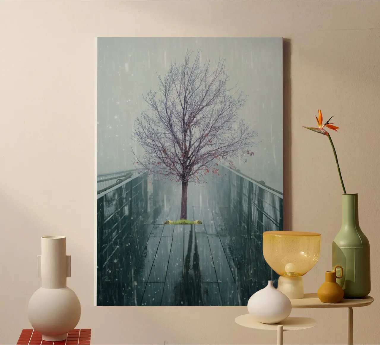 Albero su ponte con neve invernale tela con Cornice a cassetta da Berwies Artwork