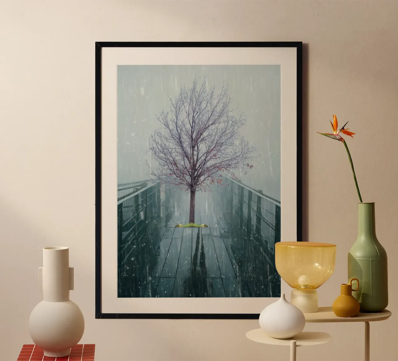 Albero su ponte con neve invernale poster da Berwies Artwork