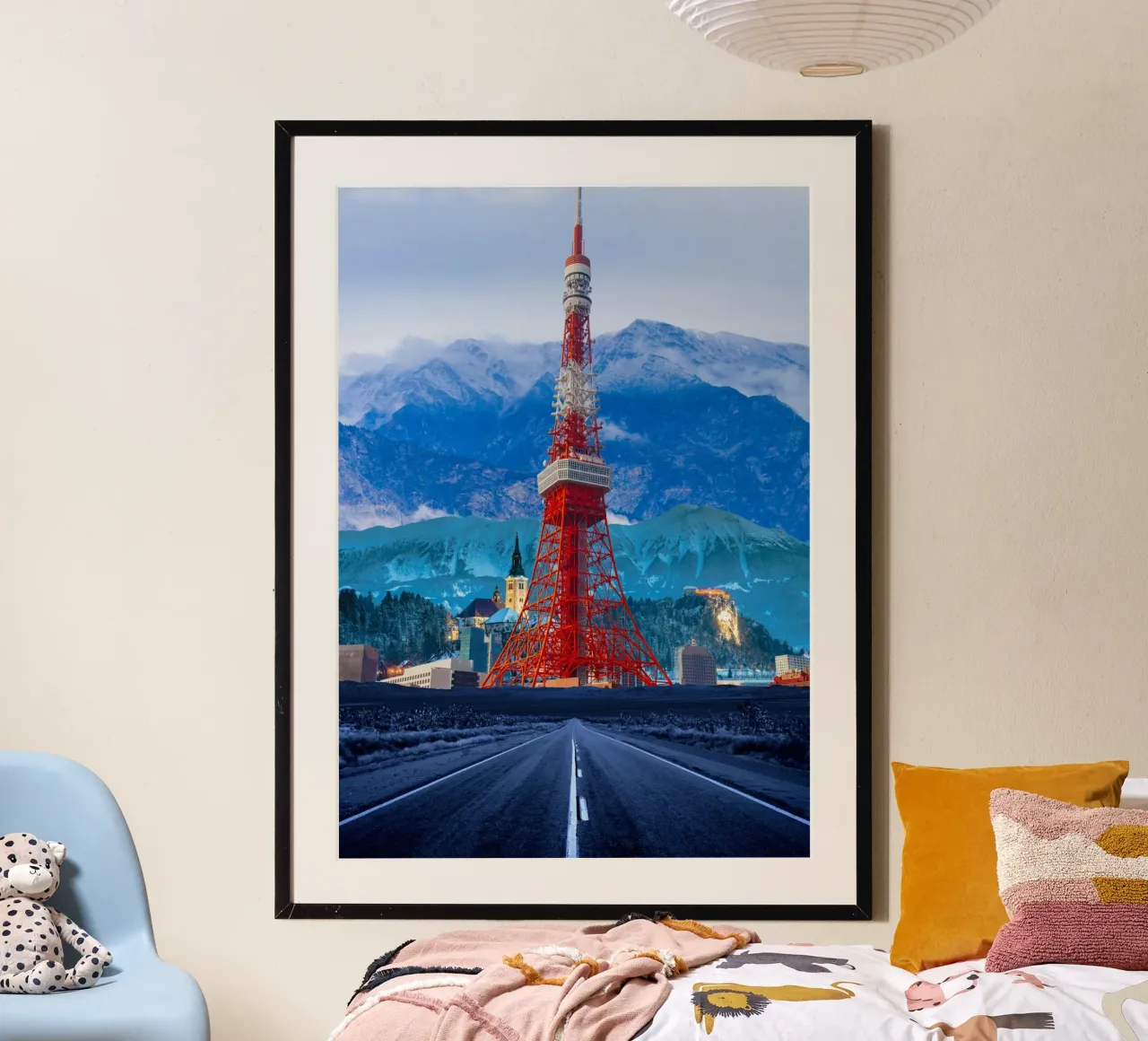 Toren van Tokio met bergen en weg hahnemühle van Berwies Artwork