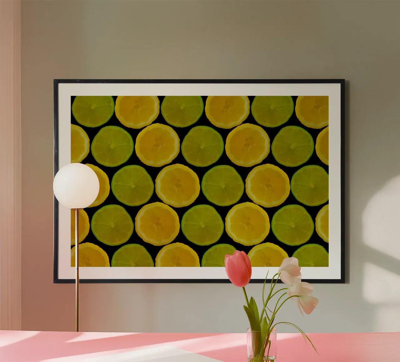 Citrus Grid Noir Poster mit Holzrahmen von StillVibe Home