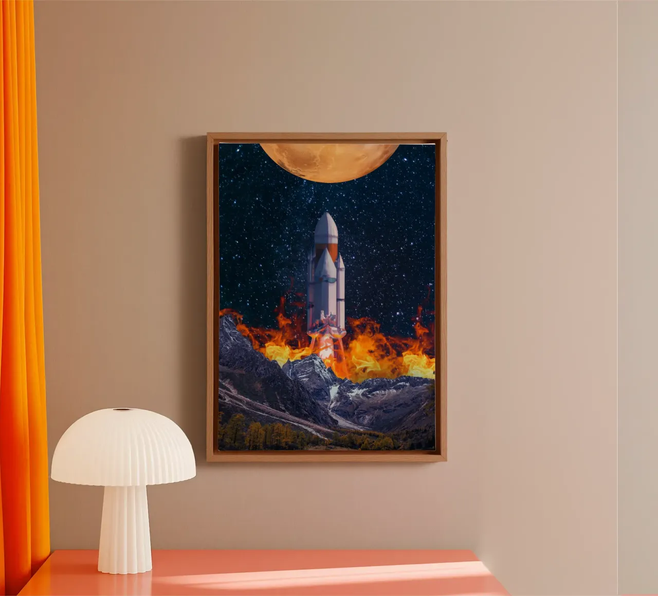 Rocket Launching from Mountains to Moon canvas with Floater frame by Berwies Artwork
