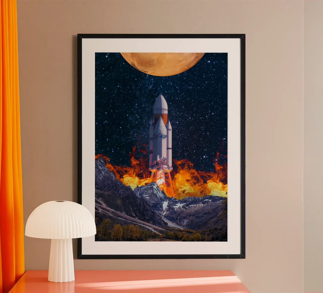Lancement d'une fusée de la montagne à la lune poster avec cadre en aluminium de Berwies Artwork
