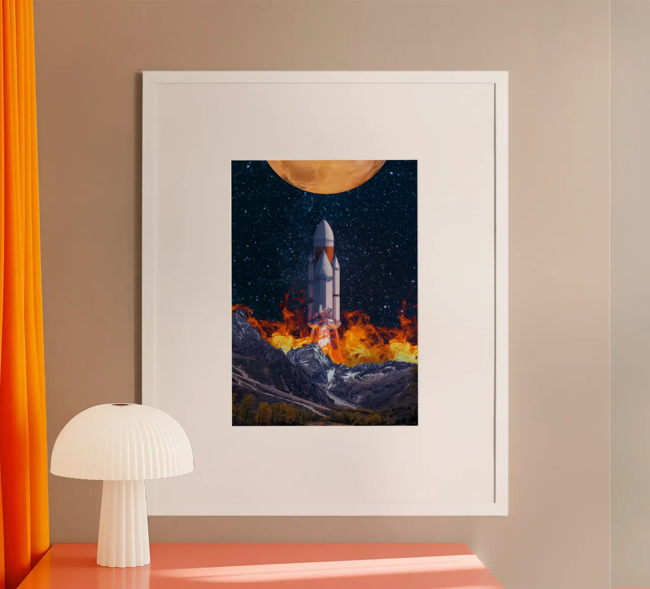 Lancement d'une fusée de la montagne à la lune poster avec cadre en aluminium de Berwies Artwork