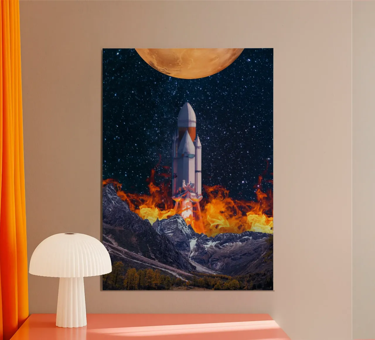 Lancement d'une fusée de la montagne à la lune poster avec cadre en aluminium de Berwies Artwork