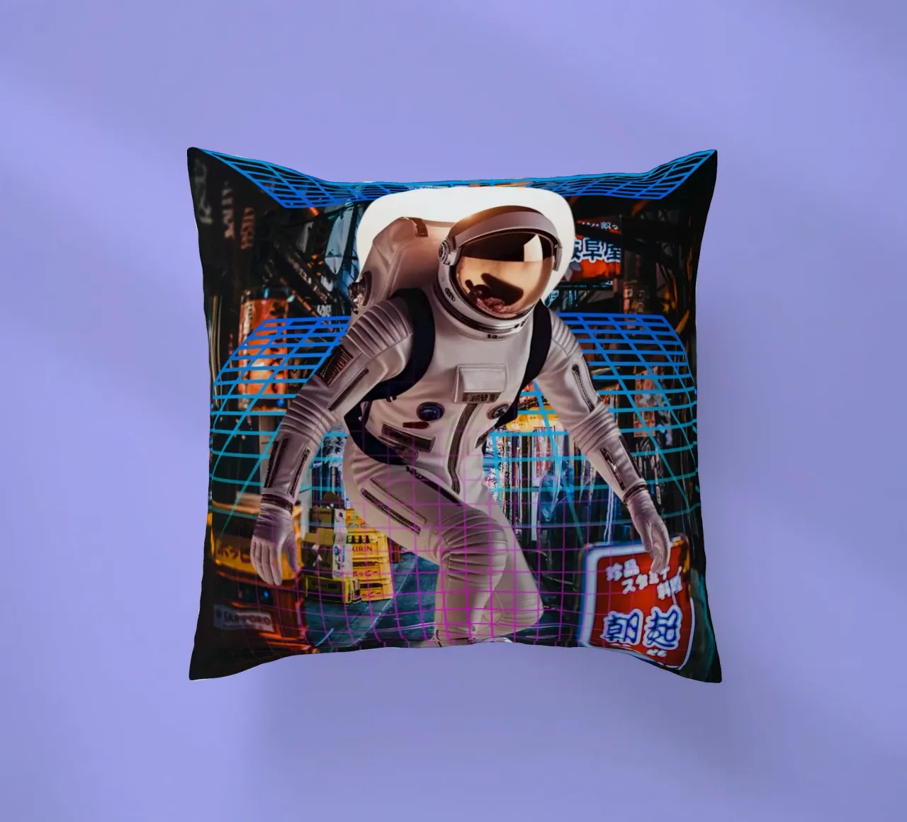 Astronaut in Tokyo with Retro Grid decorative cushion by Berwies Artwork