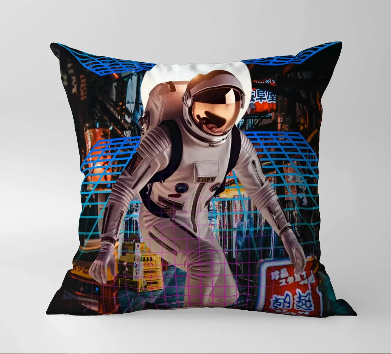 Astronaut in Tokyo with Retro Grid decorative cushion by Berwies Artwork