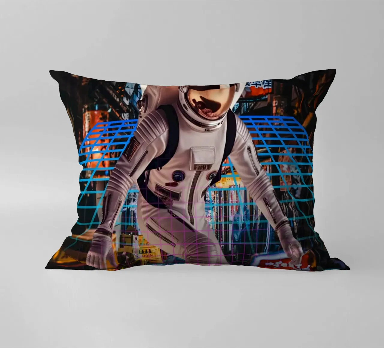 Astronaut in Tokyo with Retro Grid decorative cushion by Berwies Artwork