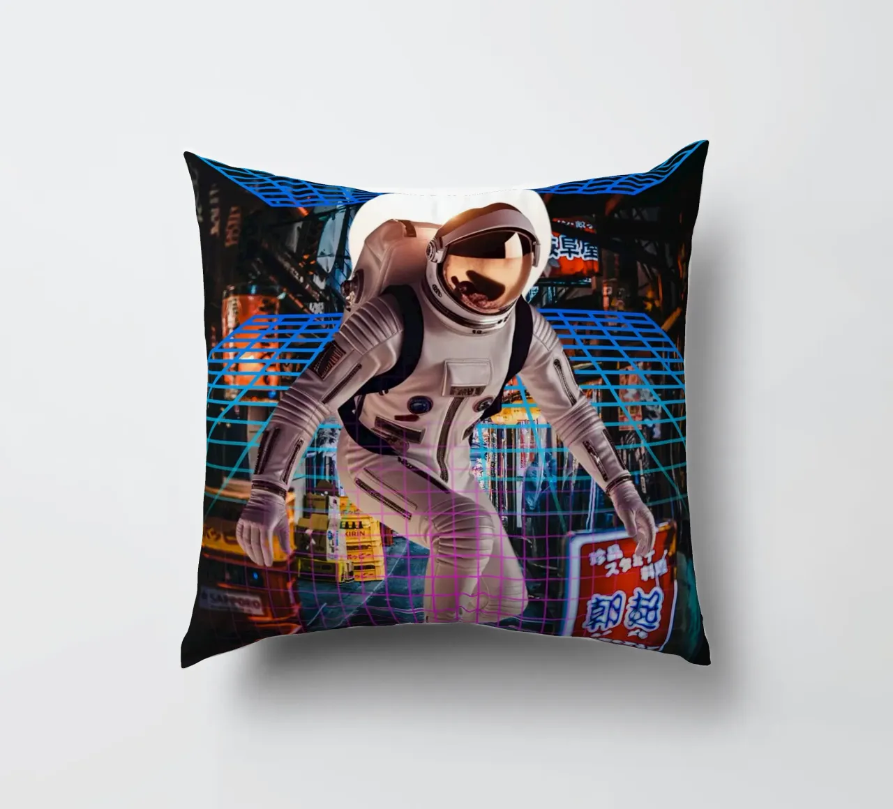 Astronaut in Tokyo with Retro Grid decorative cushion by Berwies Artwork