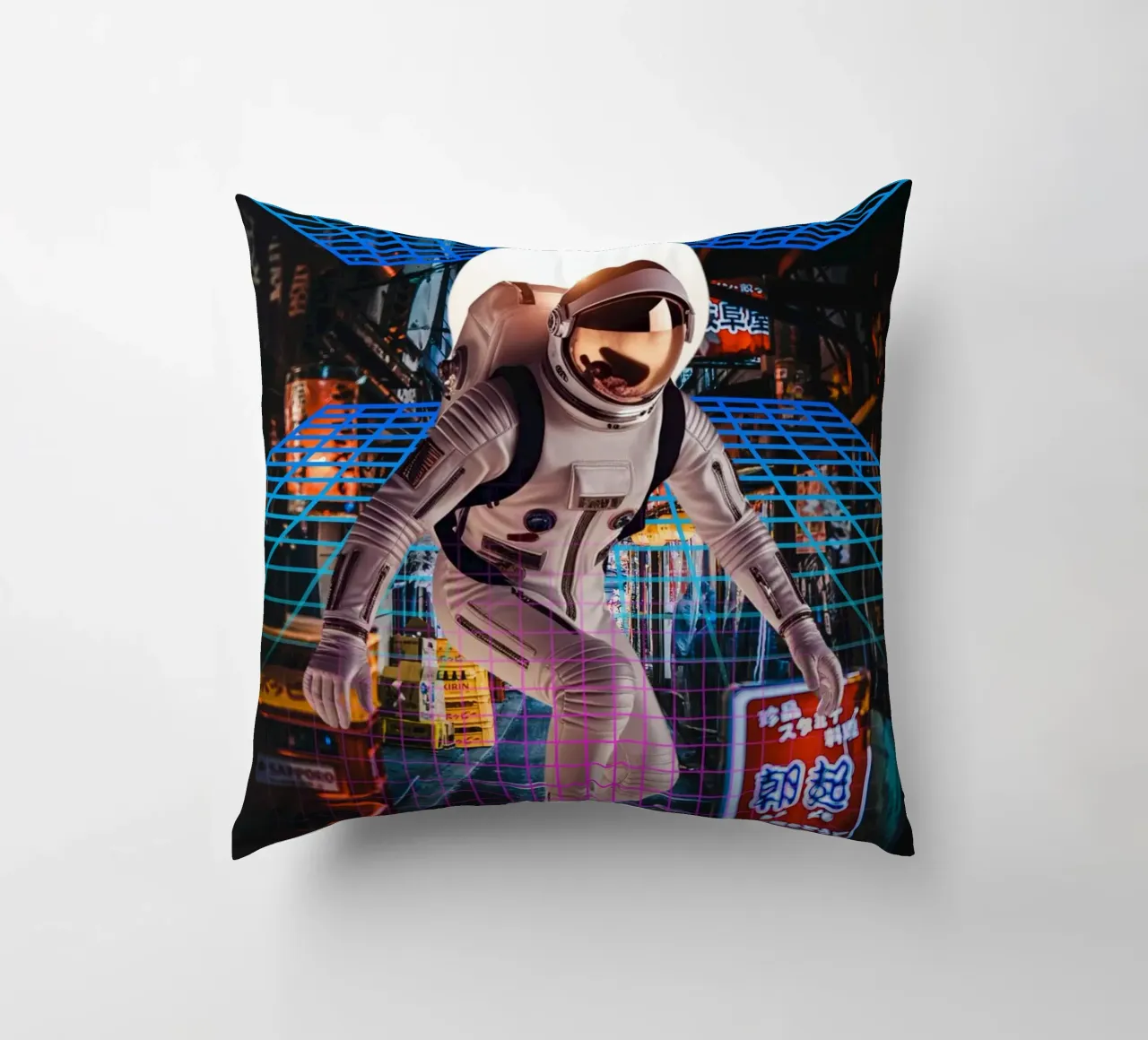 Astronaut in Tokyo with Retro Grid decorative cushion by Berwies Artwork