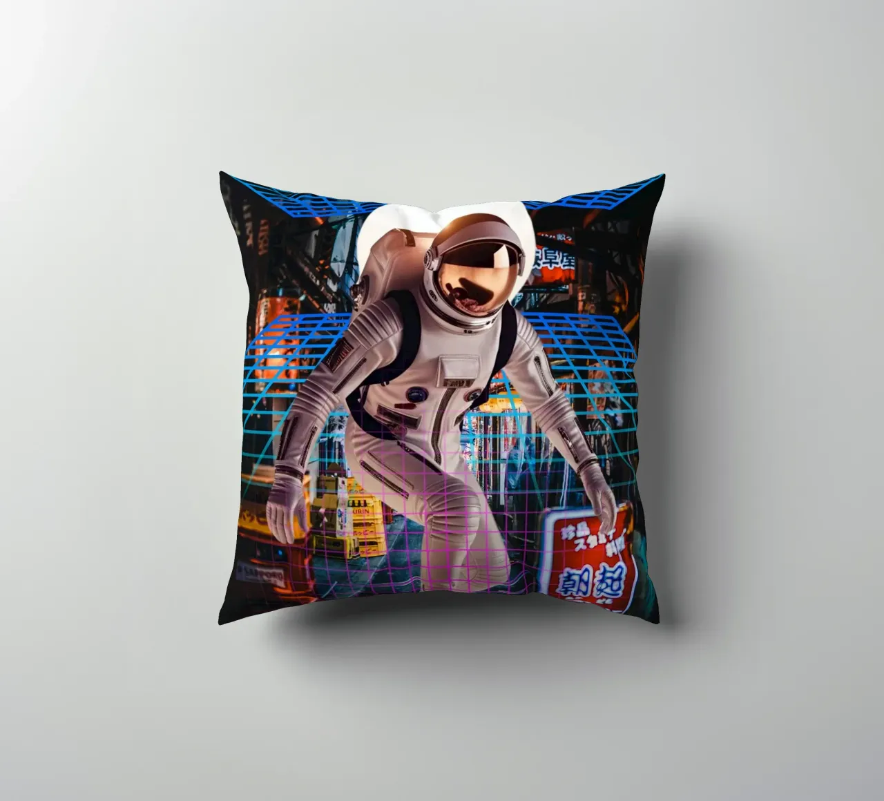 Astronaut in Tokyo with Retro Grid decorative cushion by Berwies Artwork