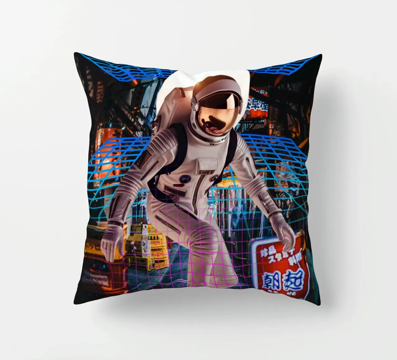 Astronaut in Tokyo with Retro Grid decorative cushion by Berwies Artwork