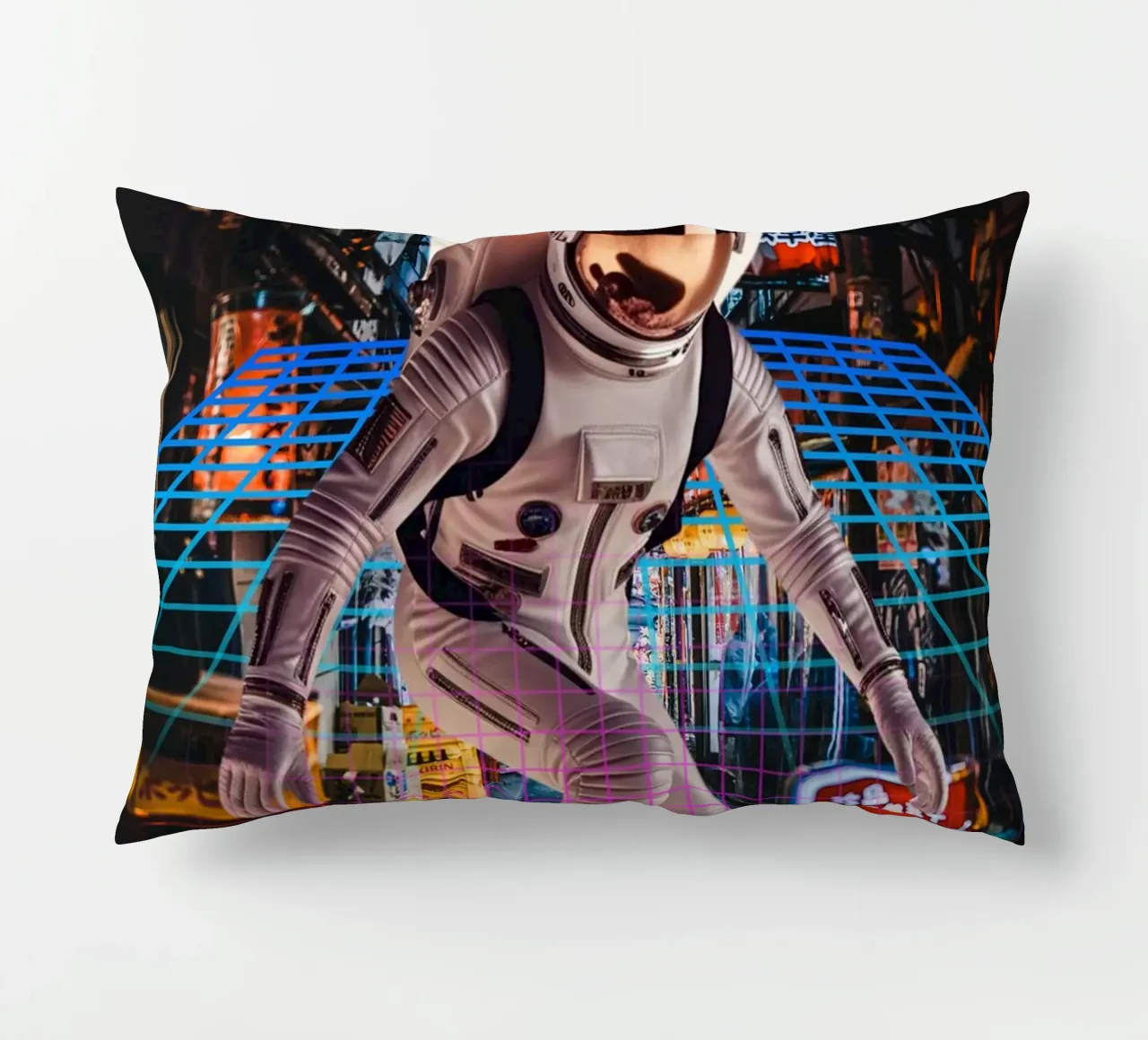 Astronaut in Tokyo with Retro Grid decorative cushion by Berwies Artwork