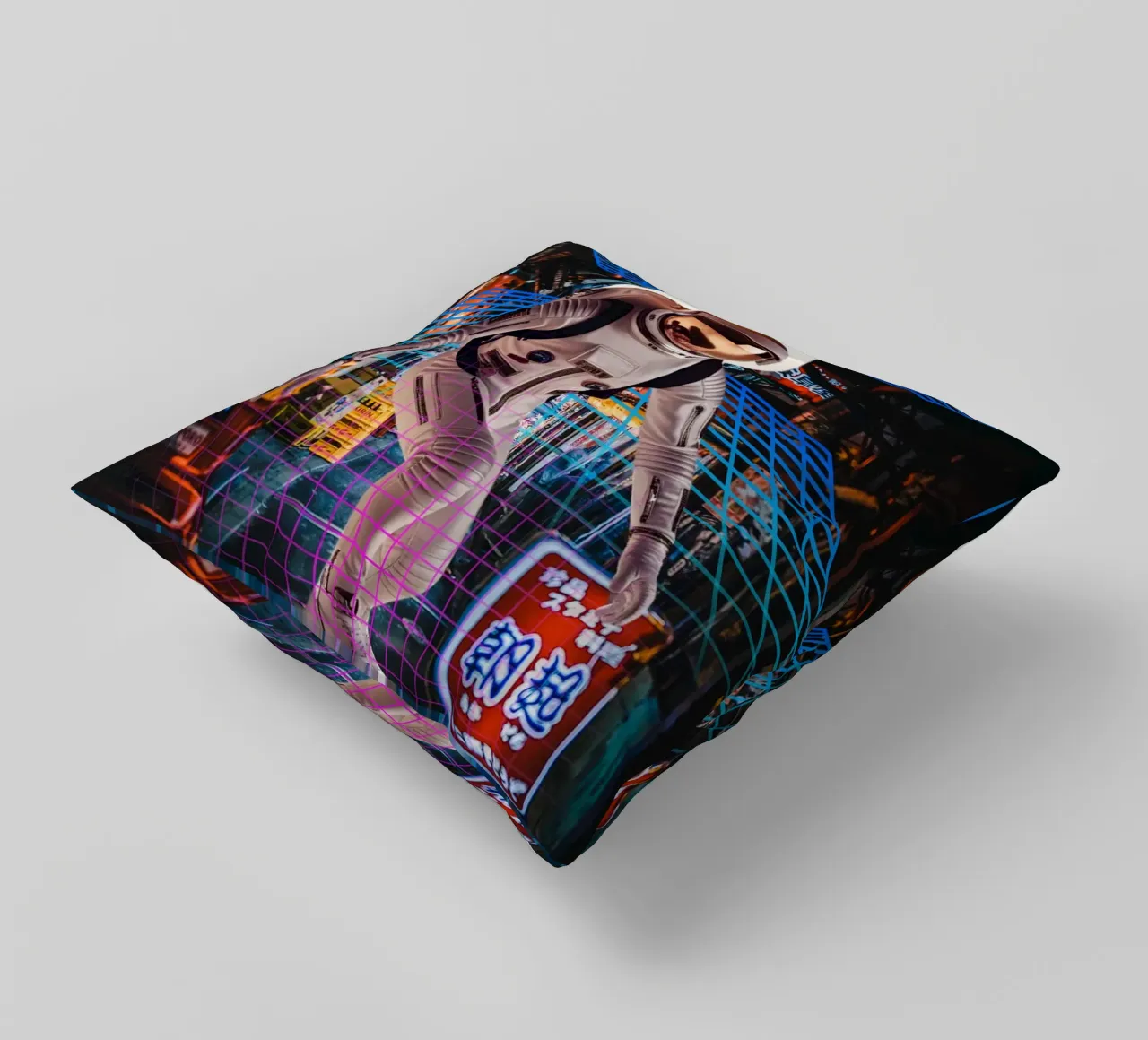 Astronaut in Tokyo with Retro Grid decorative cushion by Berwies Artwork
