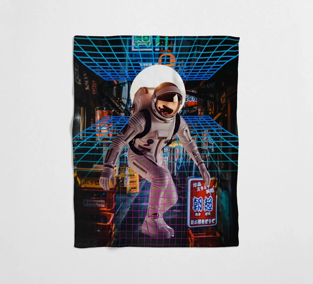 Astronauta en Tokio con Retro Grid manta de franela de Berwies Artwork