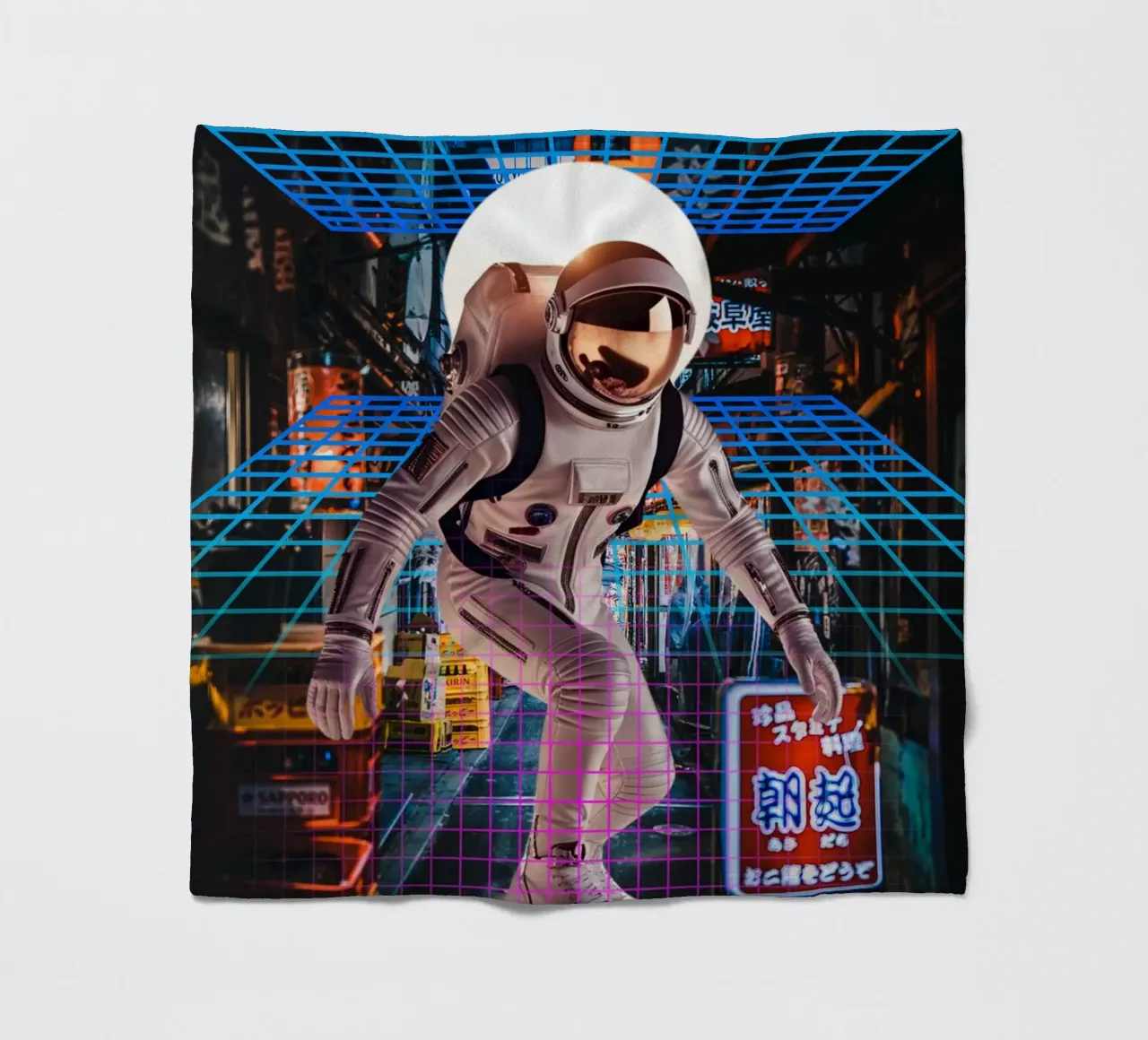Astronauta en Tokio con Retro Grid manta de franela de Berwies Artwork