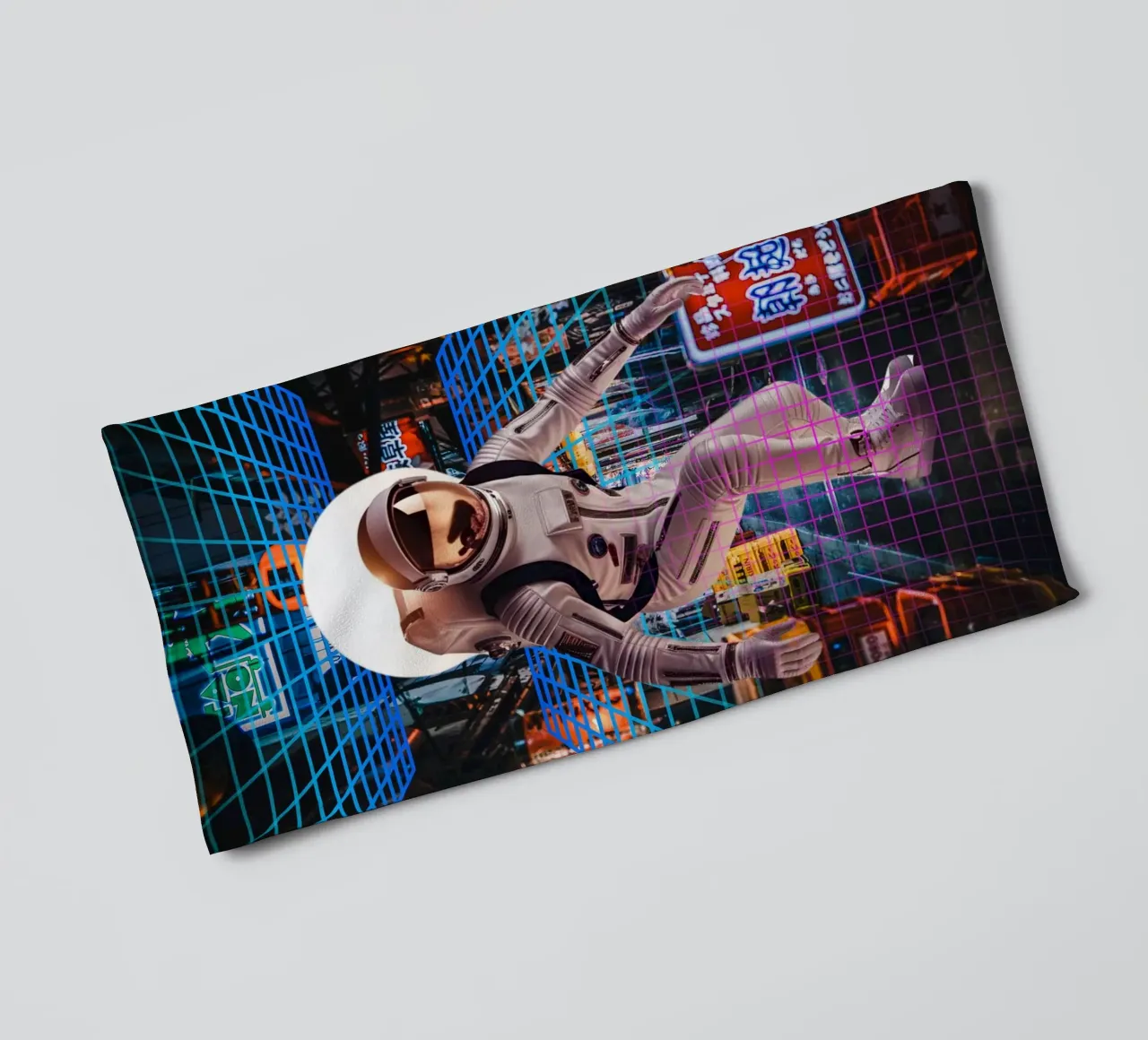 Astronaut in Tokyo with Retro Grid towel by Berwies Artwork