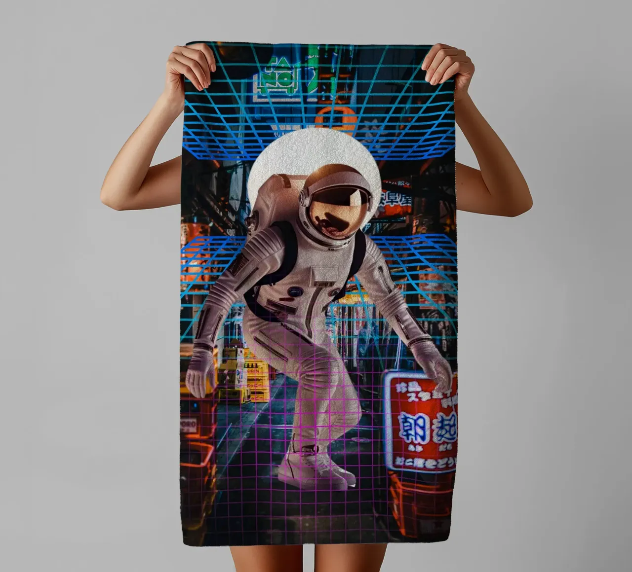 Astronaut in Tokyo with Retro Grid towel by Berwies Artwork