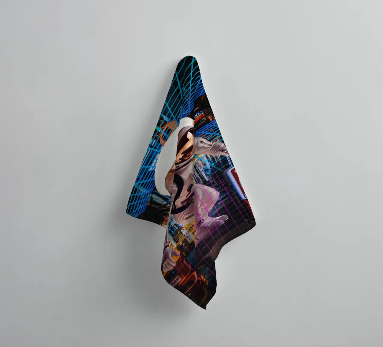 Astronaut in Tokyo with Retro Grid towel by Berwies Artwork