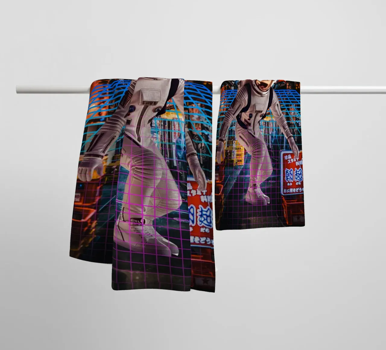 Astronaut in Tokyo with Retro Grid towel by Berwies Artwork