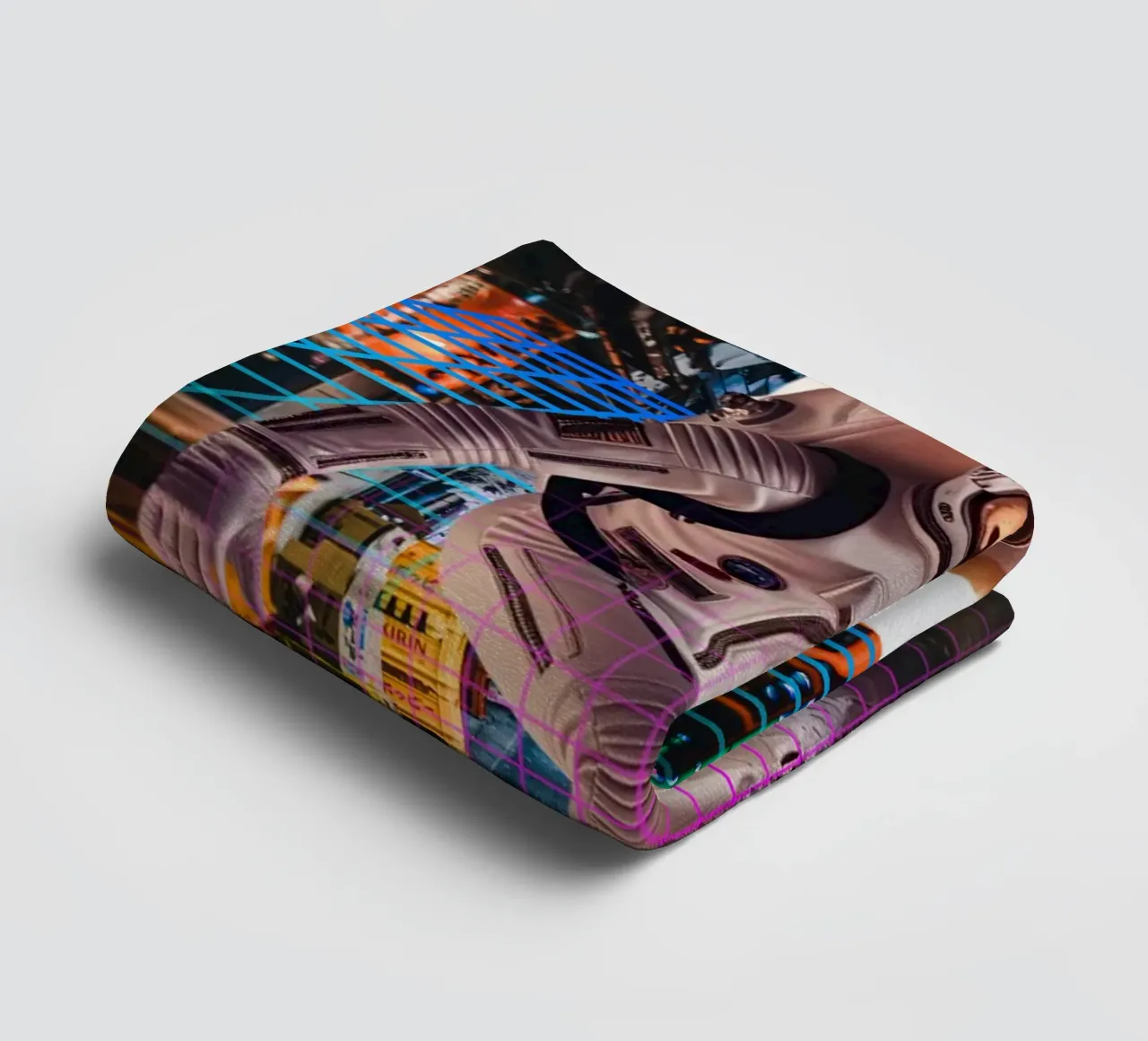 Astronaut in Tokyo with Retro Grid towel by Berwies Artwork