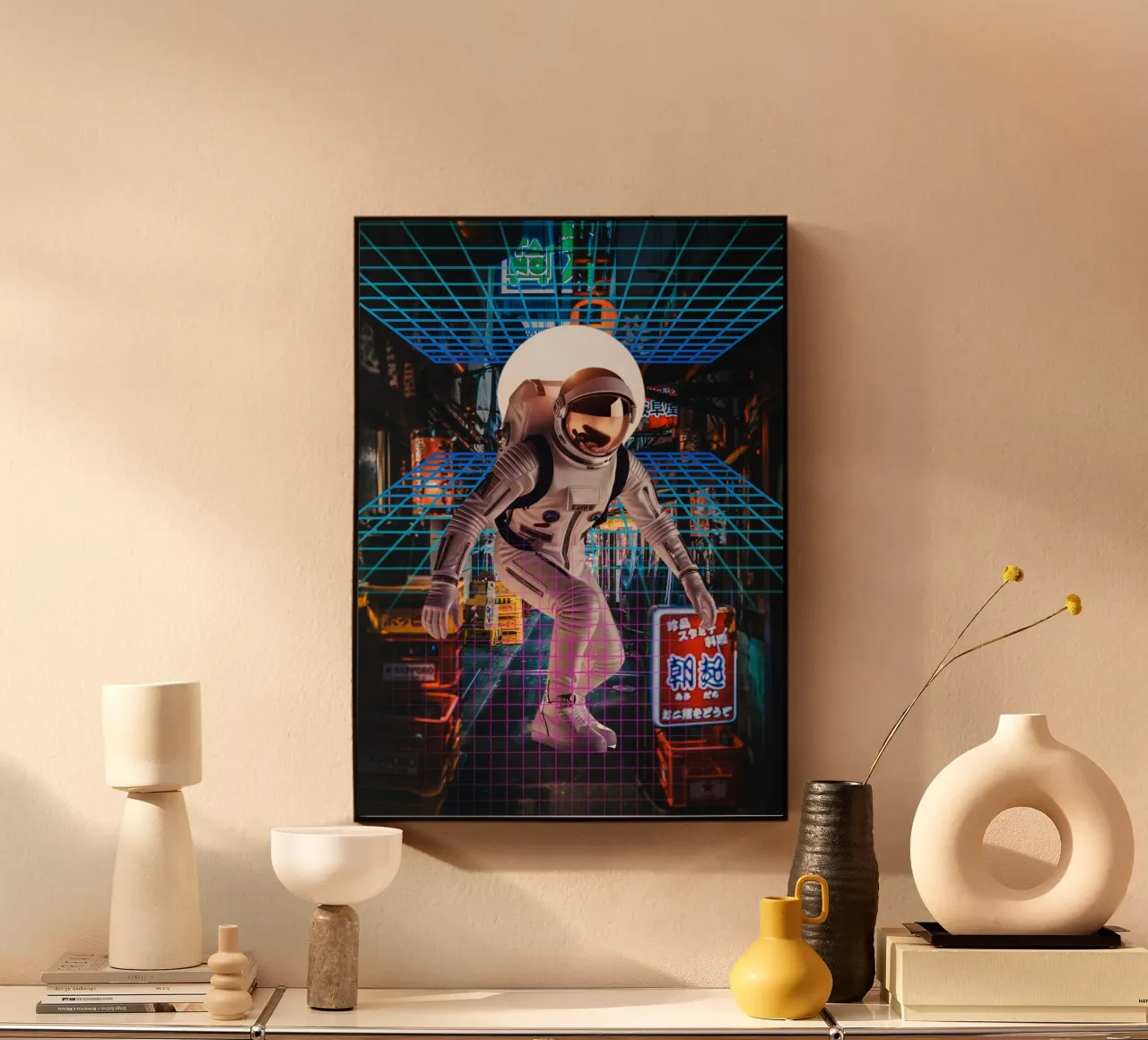 Astronauta en Tokio con Retro Grid metacrilato de Berwies Artwork